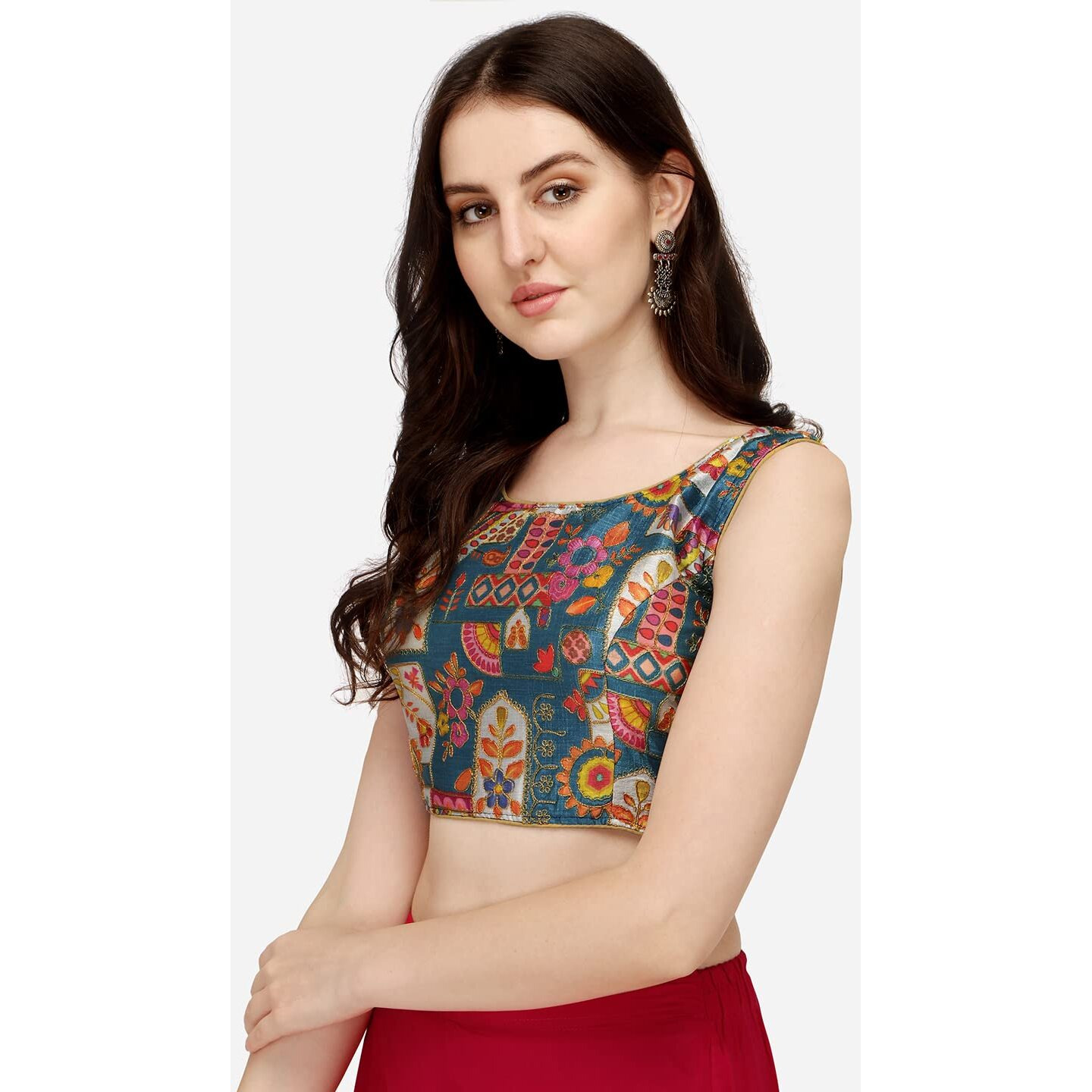 Pujia Mills Women's Phantom Silk Floral Sleeveless Saree Blouse (Sky Blue, 36)