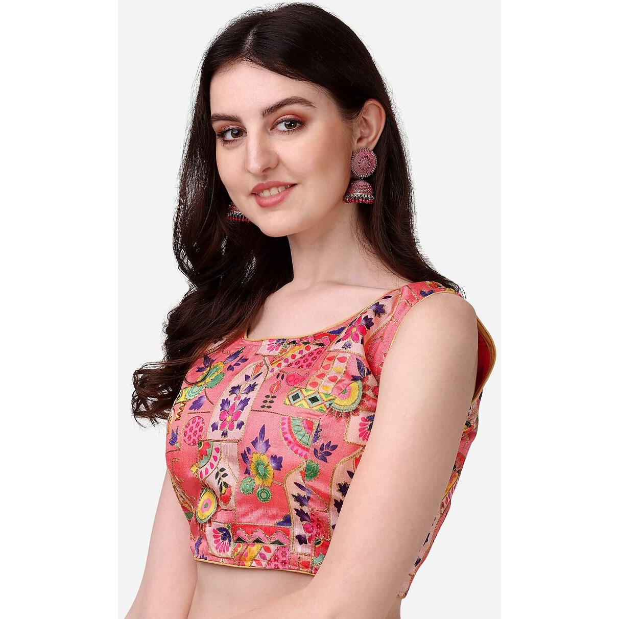 Pujia Mills Women's Phantom Silk Floral Sleeveless Saree Blouse (Peach, 40)