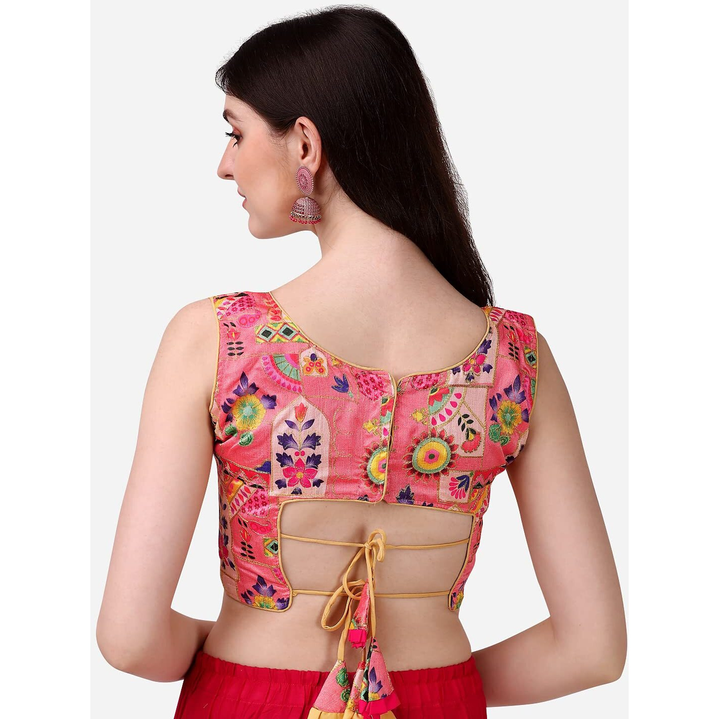 Pujia Mills Women's Phantom Silk Floral Sleeveless Saree Blouse (Peach, 32)