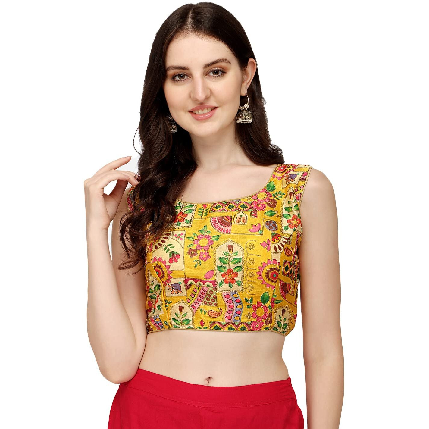 Pujia Mills Women's Phantom Silk Floral Sleeveless Saree Blouse (Position Print 1 Blouse Yellow, 42)