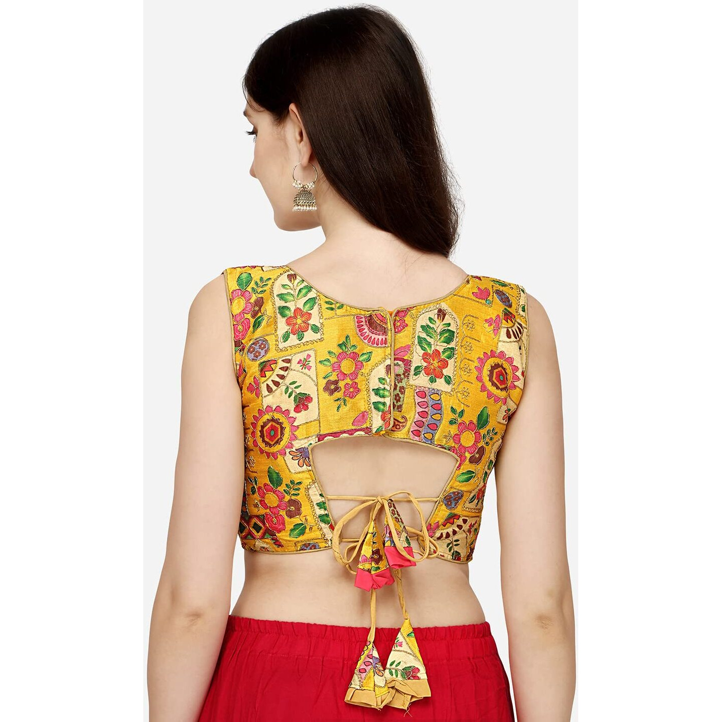 Pujia Mills Women's Phantom Silk Floral Sleeveless Saree Blouse (Position Print 1 Blouse Yellow, 42)