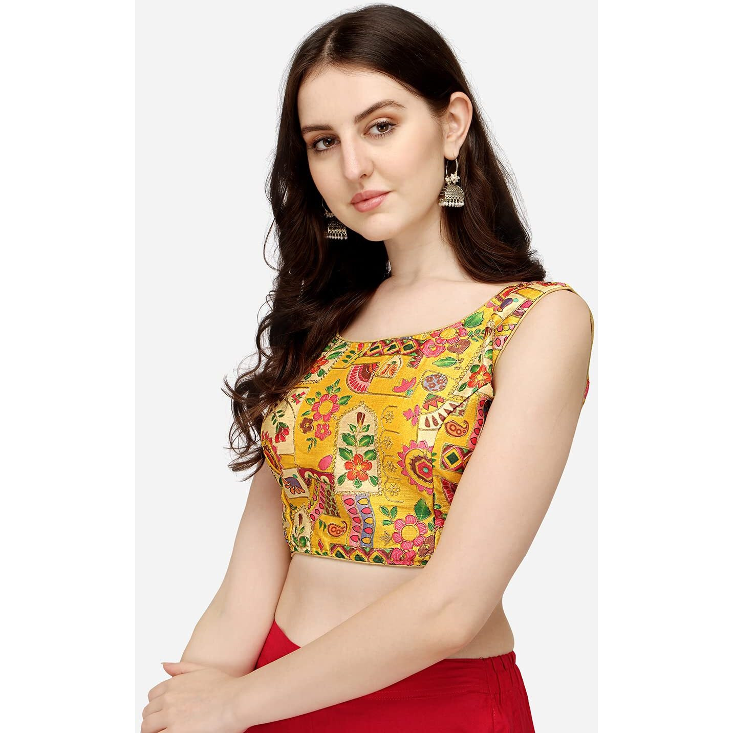 Pujia Mills Women's Phantom Silk Floral Sleeveless Saree Blouse (Position Print 1 Blouse Yellow, 42)