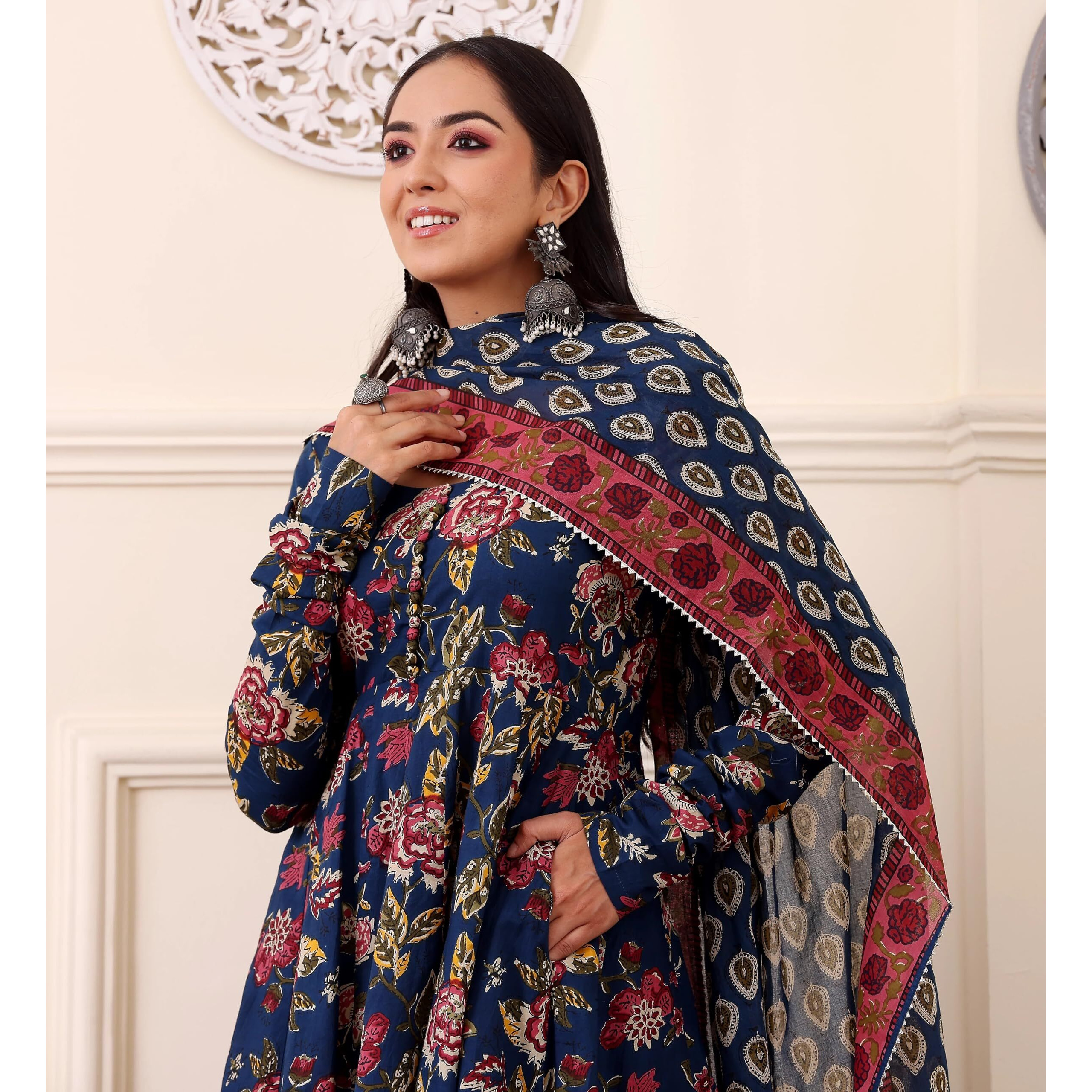 KLOSIA Women Printed Anarkali Kurta and Pant with Dupatta (in, Alpha, L, Blue)