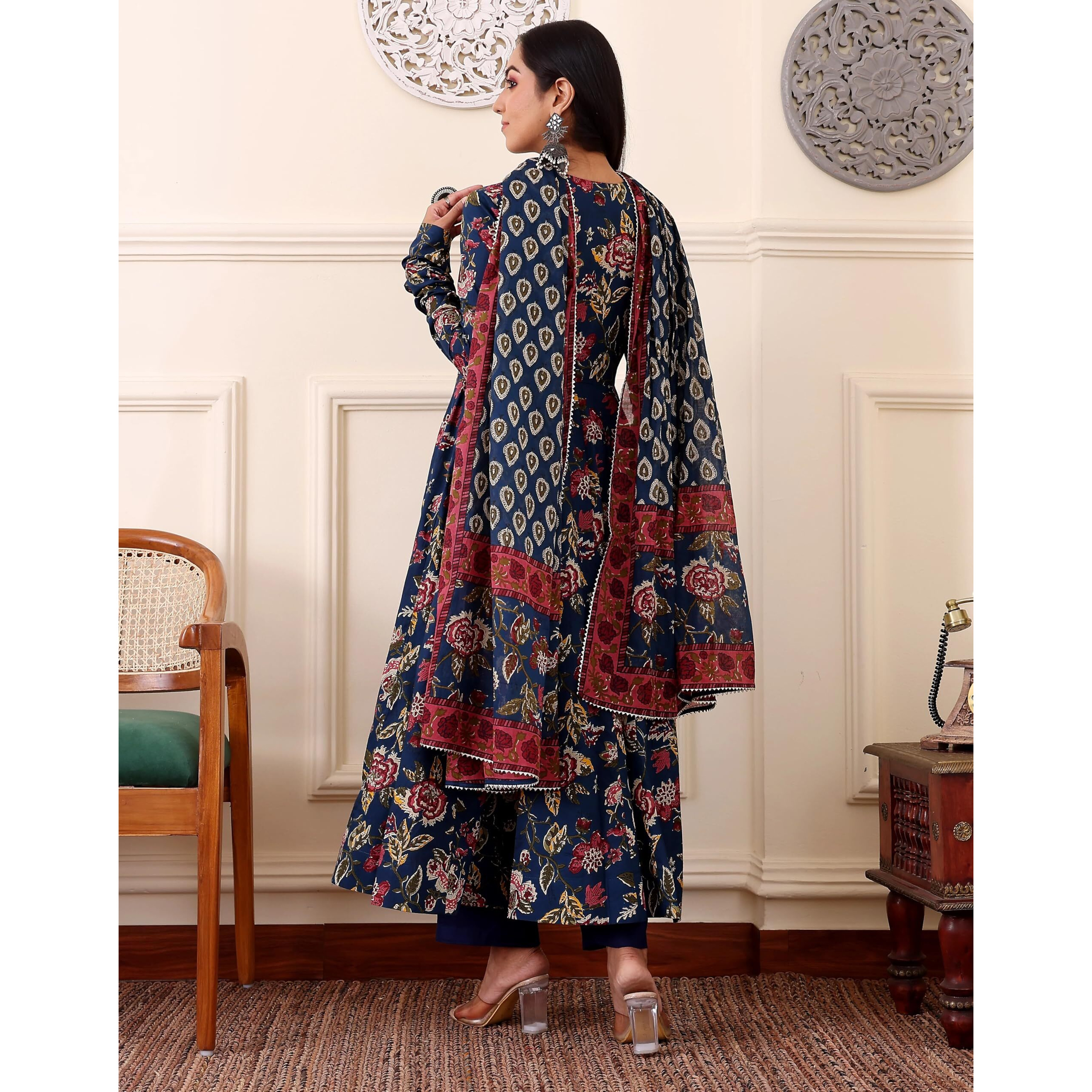 KLOSIA Women Printed Anarkali Kurta and Pant with Dupatta (in, Alpha, L, Blue)
