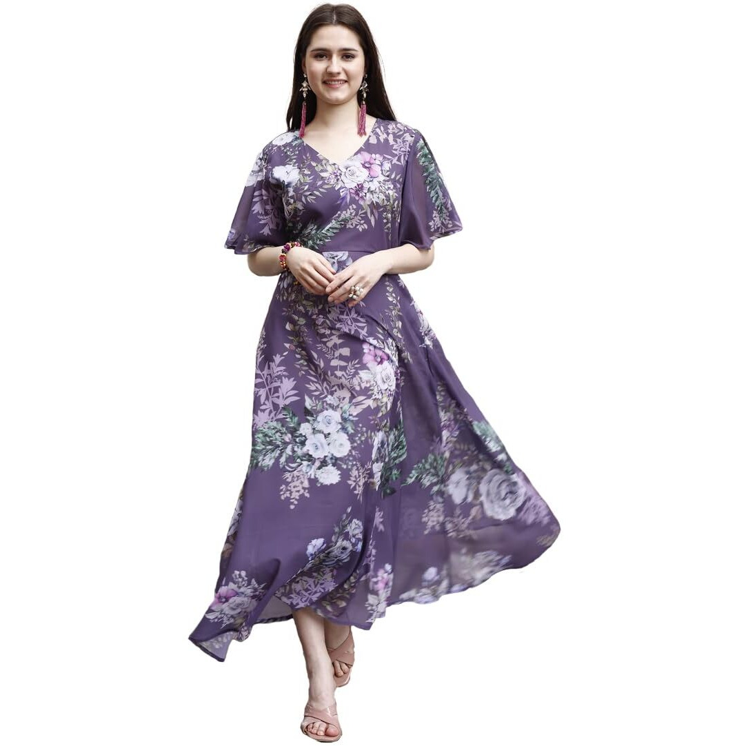 SMOWKLY Women's Georgette Floral Printed Indo-Western Ethnic Gown || Half Sleeve V Neck Fit & Flare Flared Hem Design || Casual Wear A-Line Maxi Dress 1331_Gry_M Grey