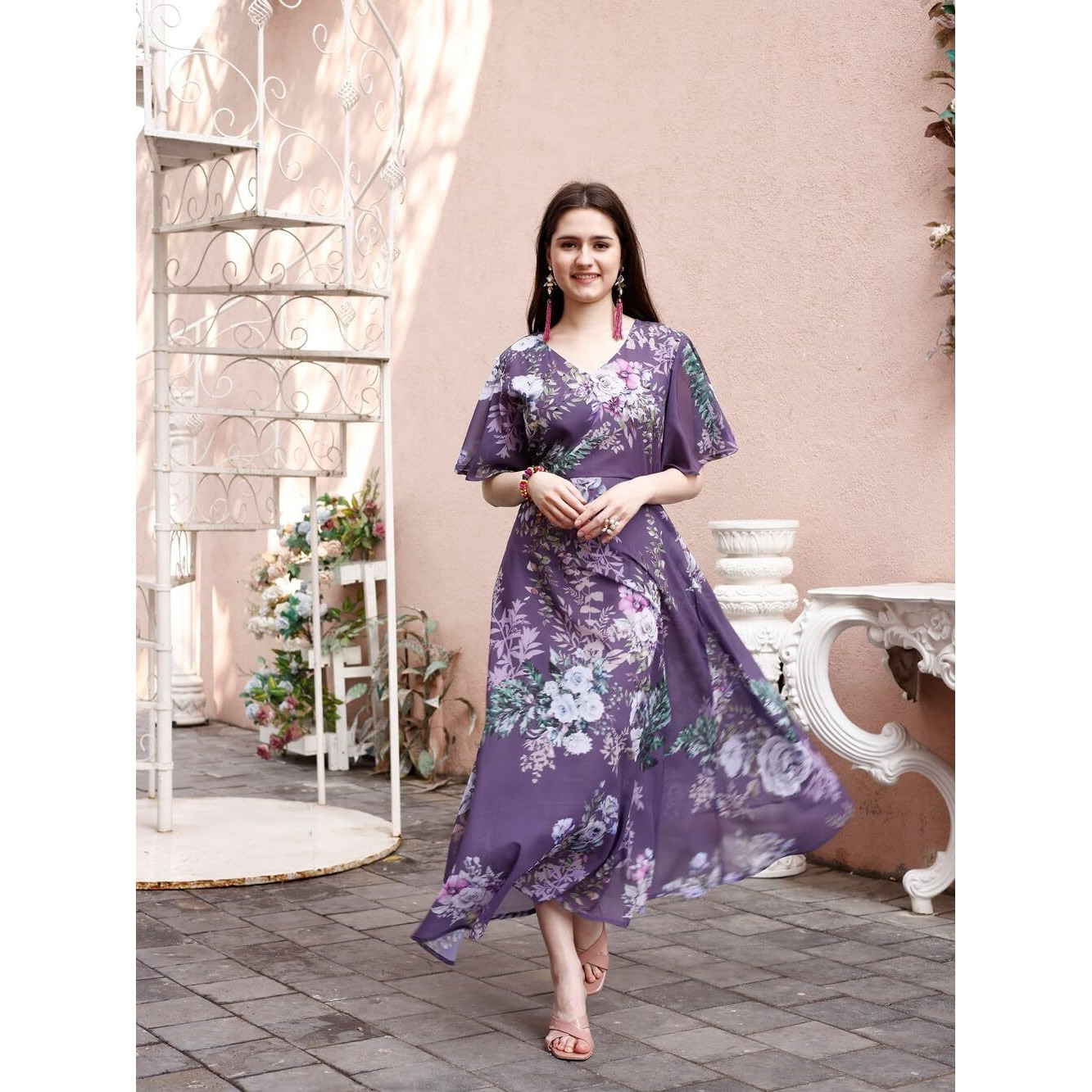 SMOWKLY Women's Georgette Floral Printed Indo-Western Ethnic Gown || Half Sleeve V Neck Fit & Flare Flared Hem Design || Casual Wear A-Line Maxi Dress 1331_Gry_M Grey