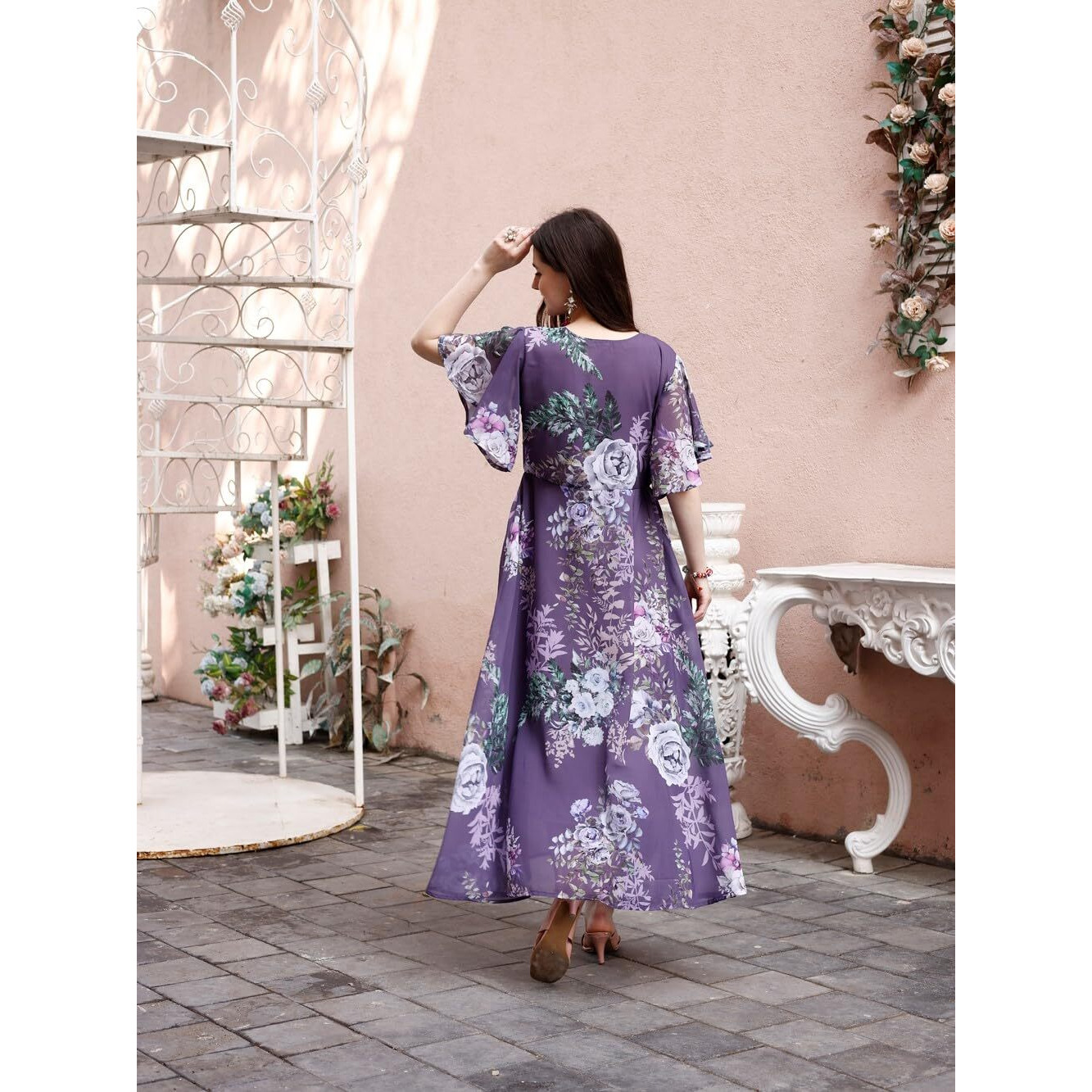 SMOWKLY Women's Georgette Floral Printed Indo-Western Ethnic Gown || Half Sleeve V Neck Fit & Flare Flared Hem Design || Casual Wear A-Line Maxi Dress 1331_Gry_M Grey
