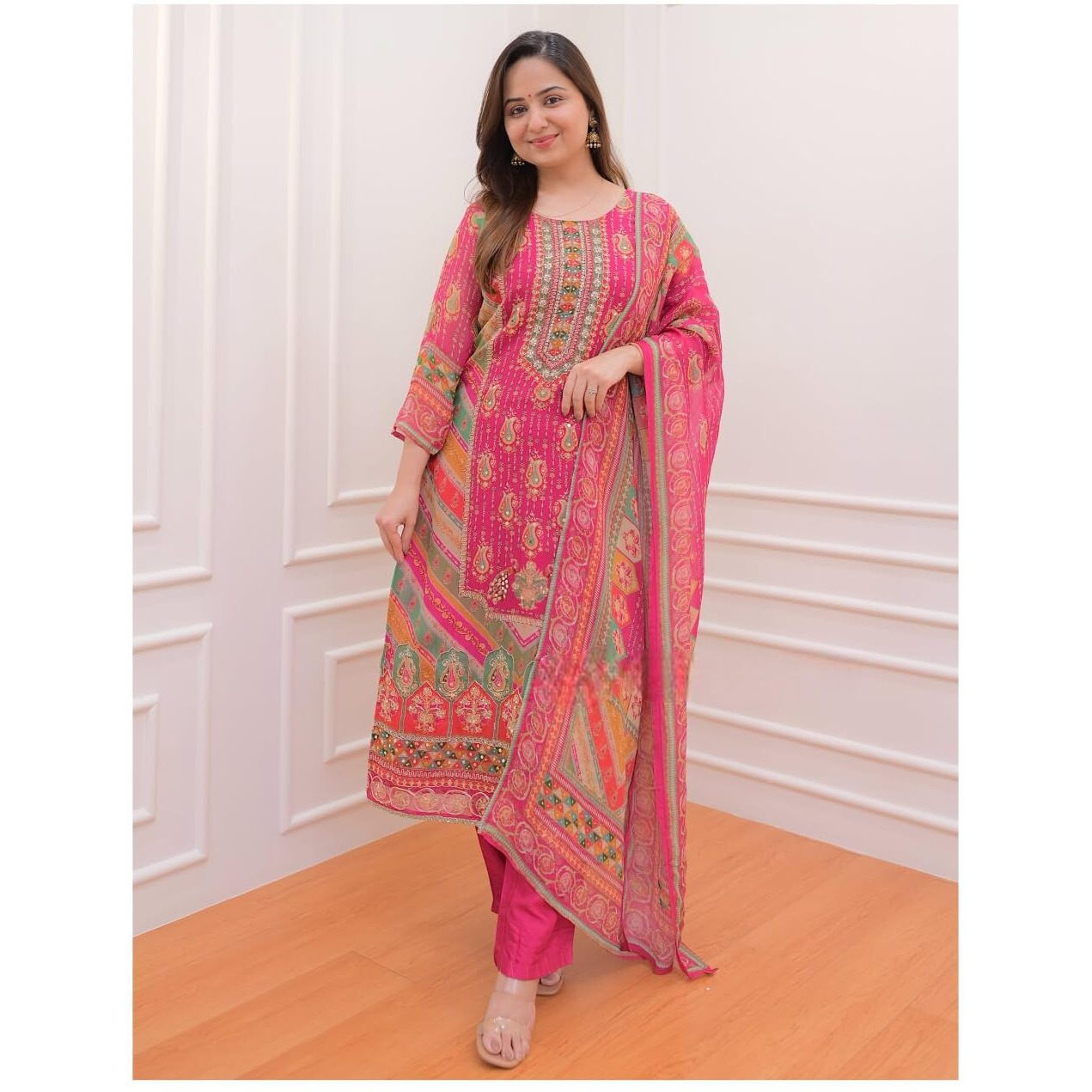 BHARVITA Women's Cotton Printed Sequence Embroidered Work Straight Kurta Dupatta Pant Set (IN, Alpha, M, Regular, Pink)