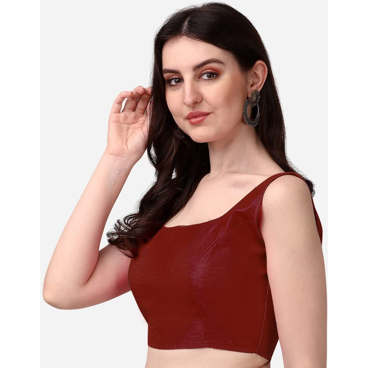 Pujia Mills Women's Silk Sleeveless Readymade Blouse (Sando_Maroon_40 Alterable)