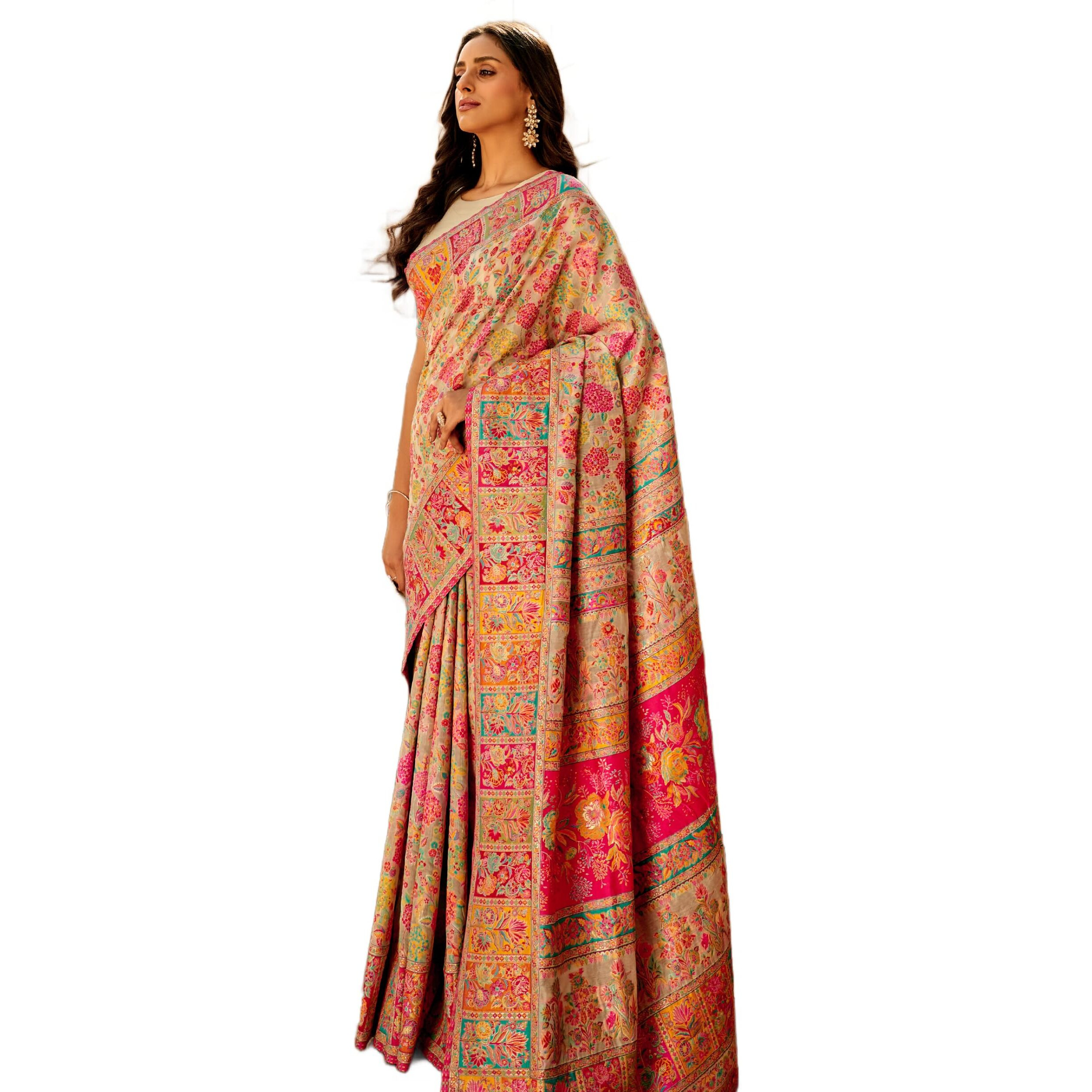 MADHUHANSH Womens Kasamiri Cotton Patola Letest Designer Saree with Unstitched Blouse With Boluse Piece (CREAM)