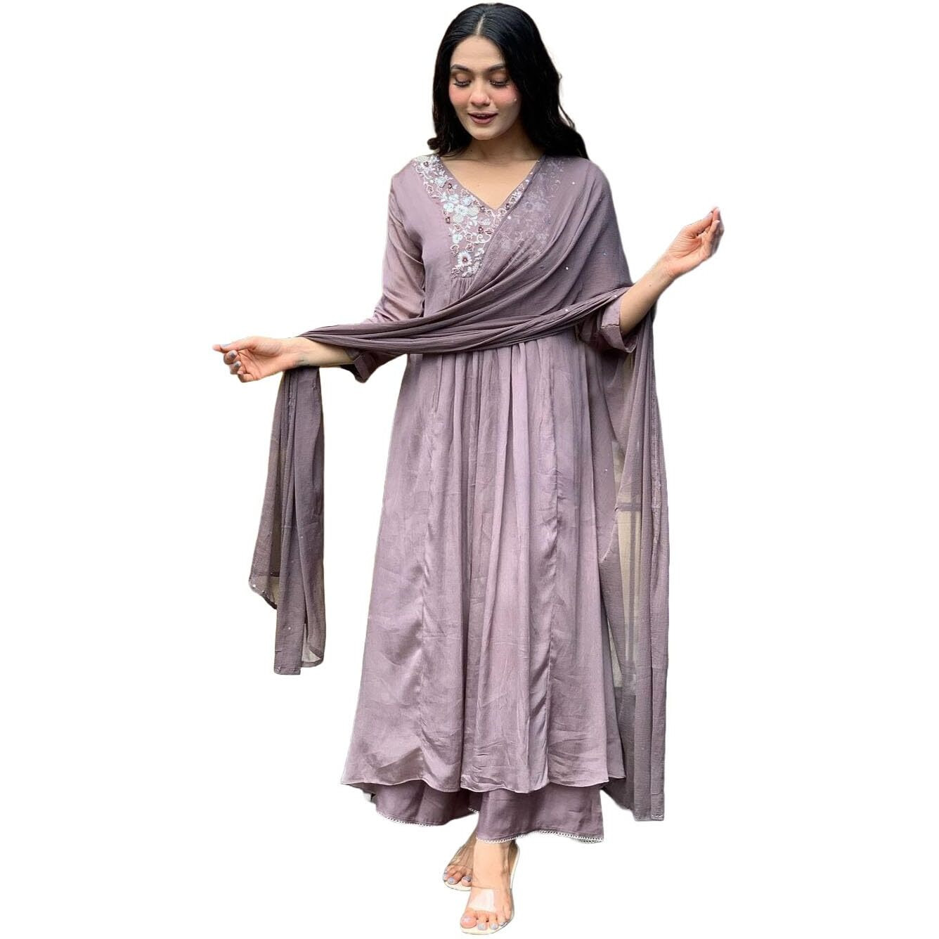 ANNI DESIGNER Women's Rayon Blend Floral Regular Kurta with Pant & Dupatta (SHARMI Lavender