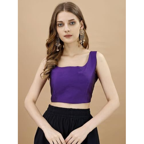 Womanista Women's Tafeta Solid Sleeveless Regular Fit Sequinned Blouse (BLS_47_Violet M)