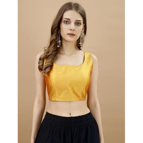 Womanista Women's Tafeta Solid Sleeveless Regular Fit Sequinned Blouse (BLS_49_Yellow S)