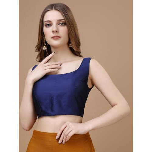 Womanista Women's Taffeta Solid Sleeveless Regular Fit Sequinned Blouse (BL_43_Blue S)