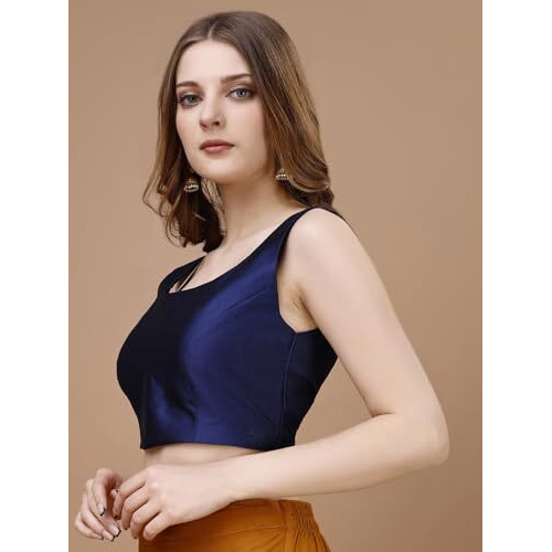 Womanista Women's Taffeta Solid Sleeveless Regular Fit Sequinned Blouse (BL_43_Blue S)