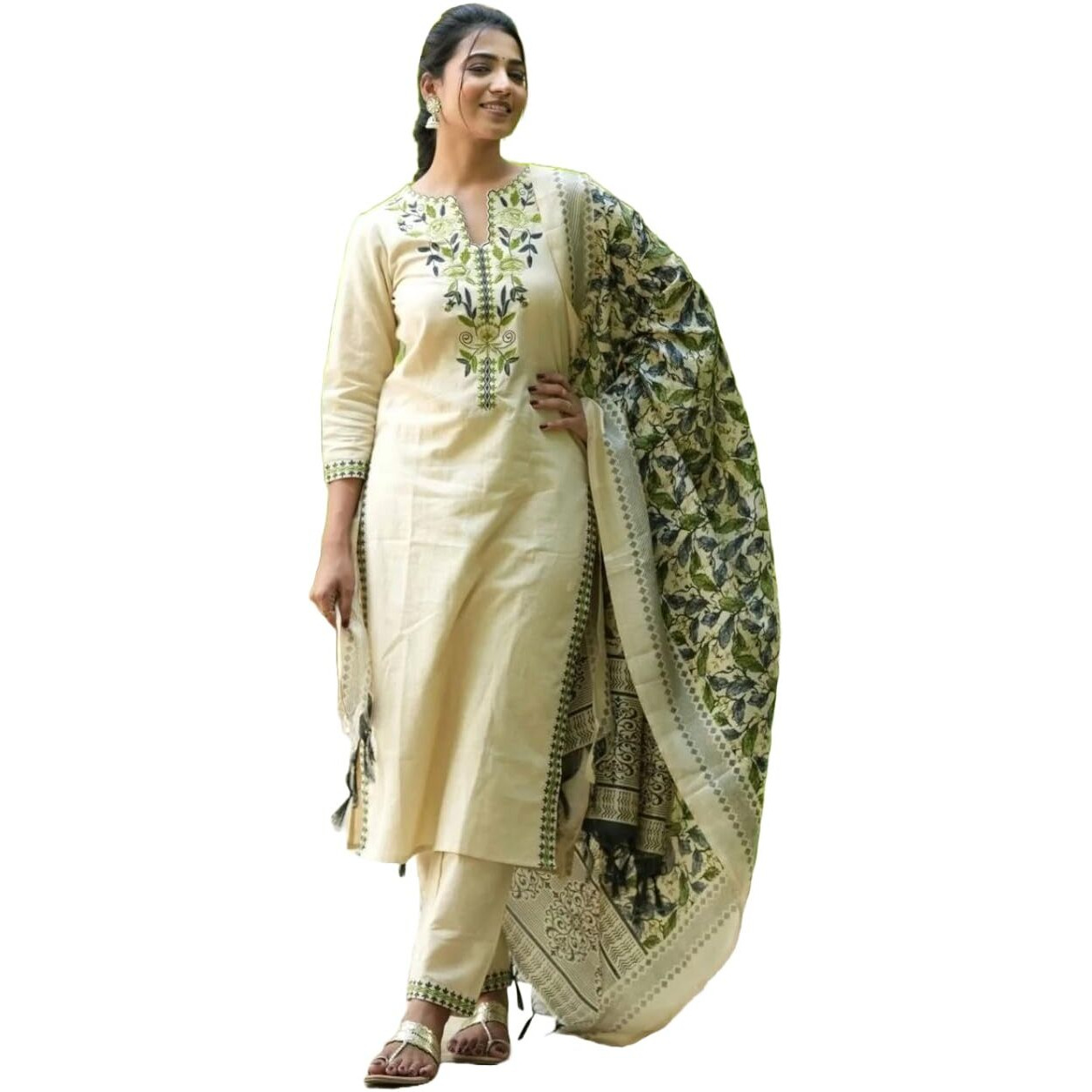 GoSriKi Women's Rayon Blend Straight Embroidered Kurta with Pant & Dupatta (Pamposh Cream-GS_M_Cream_Medium)