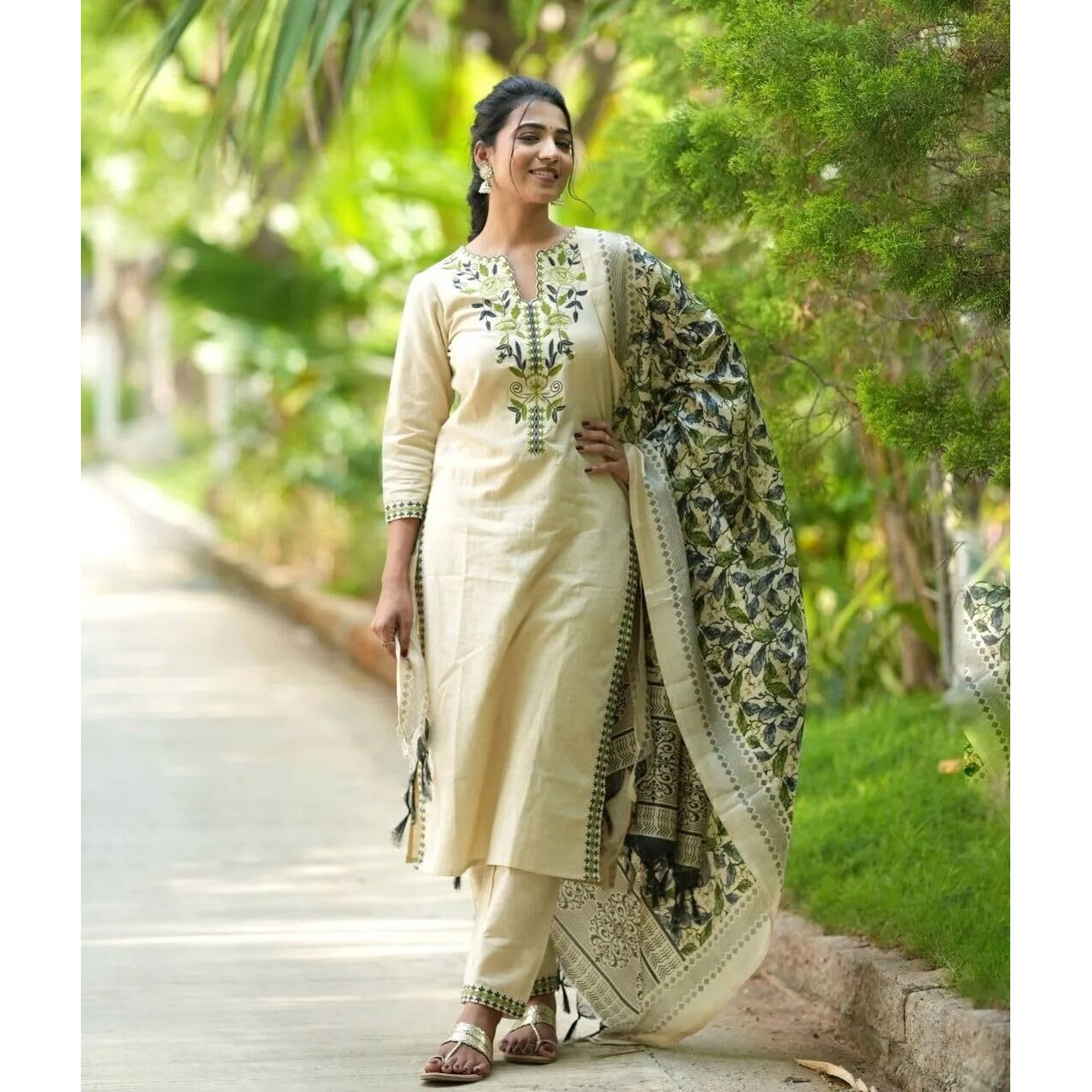 GoSriKi Women's Rayon Blend Straight Embroidered Kurta with Pant & Dupatta (Pamposh Cream-GS_M_Cream_Medium)