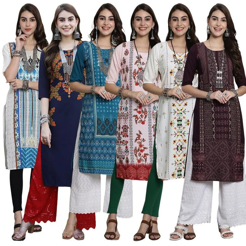 Pinkmint Women's Crepe Digital Print Straight Kurta [Pack of 6]