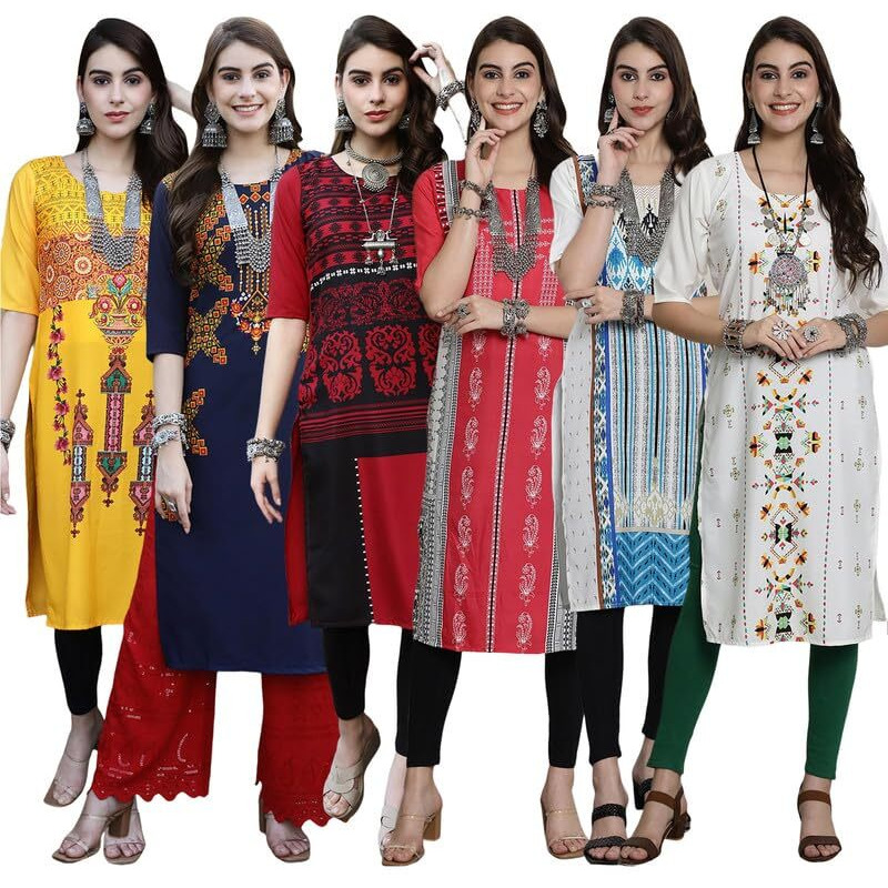 Pinkmint Women's Crepe Digital Print Straight Kurta [Pack of 6]