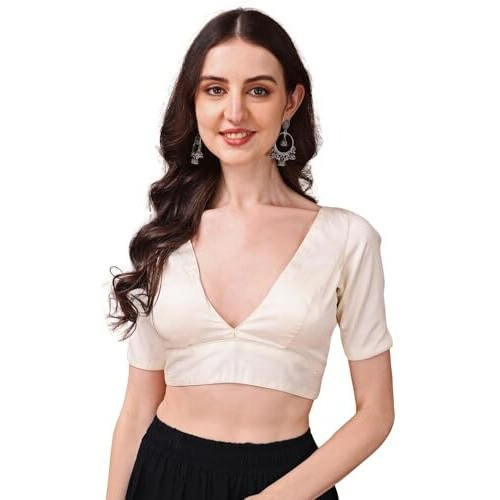Womanista Women's Dupion Silk Solid Short Sleeve Regular Fit V Neck Blouse (BL_66_White L)