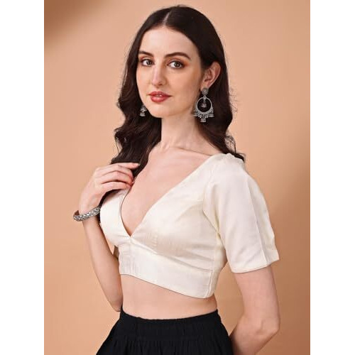Womanista Women's Dupion Silk Solid Short Sleeve Regular Fit V Neck Blouse (BL_66_White L)