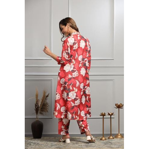 GRECIILOOKS Women SEMI Cotton Alia Cut Regular Fit Kurta Set (RED, Large)