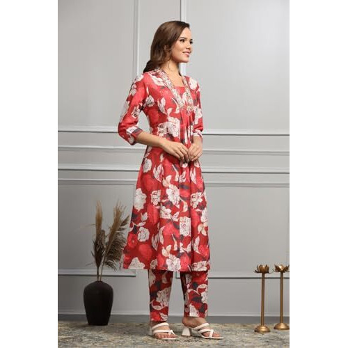 GRECIILOOKS Women SEMI Cotton Alia Cut Regular Fit Kurta Set (RED, Large)