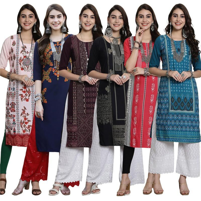 Pinkmint Women's Crepe Digital Print Straight Kurta [Pack of 6]