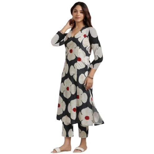 ANNI DESIGNER Women's Cotton Blend Straight Printed Kurta with Pant (Chunilal White_XXL_White_XX-Large)