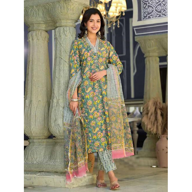 FABNEX kurta set for women | Women Kurta | Women Kurta Sets Kurtis | Women Kurta Pant Set | Women Kurta Pant Set Women Kurti Set with Pant (K-73-Green-M)