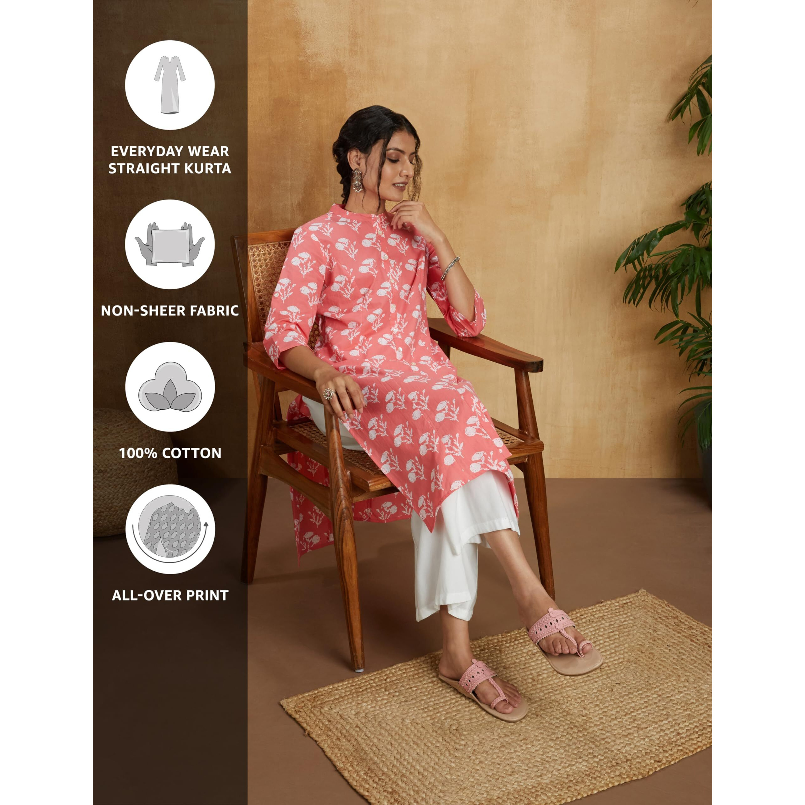 Amazon Brand - Myx Women's Cotton Printed Regular Kurti (PAG 102_Dalli (Peach) _m)