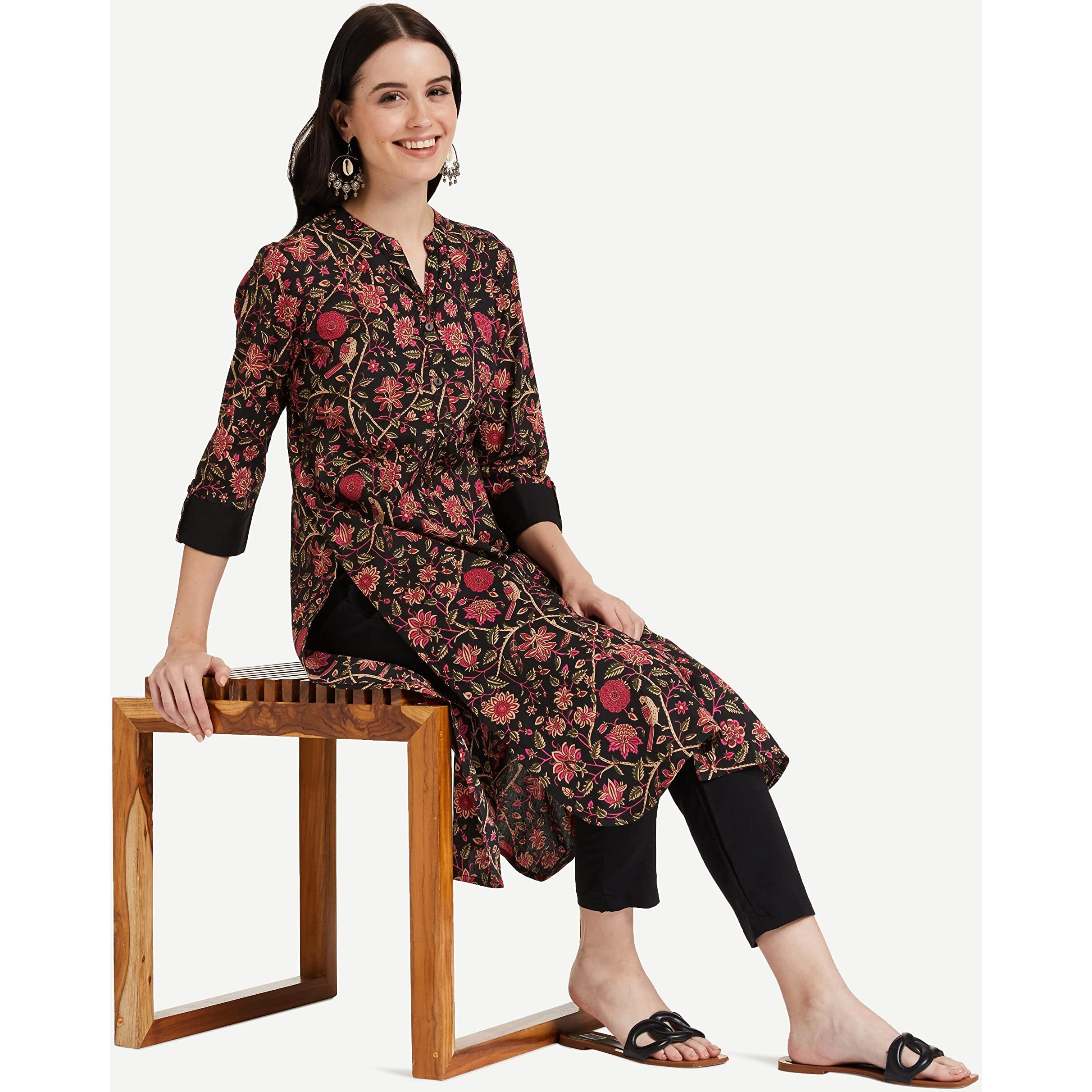 Amazon Brand - Myx Women's Cotton Regular fit Kurti (MGCLST3C_Black Floral_4XL)