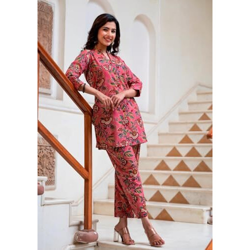 GRECIILOOKS Womens Casual Rayon Regular Fit Co-Ord Pajama Set (Pink, X-Large)