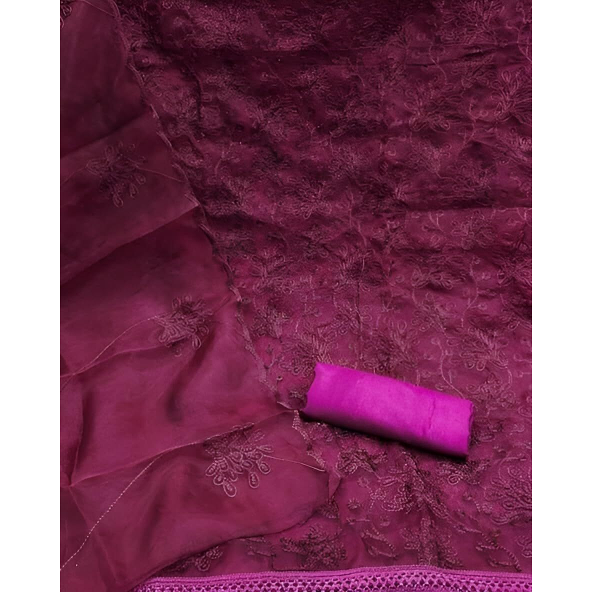 StyleScope Women's Organza Embroidered Unstitched Salwar Suit Dress Material With Embroidery Work Dupatta (DM Plant Wine_Wine_Free Size)