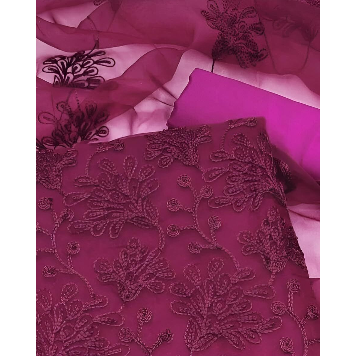StyleScope Women's Organza Embroidered Unstitched Salwar Suit Dress Material With Embroidery Work Dupatta (DM Plant Wine_Wine_Free Size)