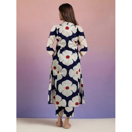 ANNI DESIGNER Women's Cotton Blend Straight Printed Kurta with Pant (Chunilal Blue_S_Blue_Small)