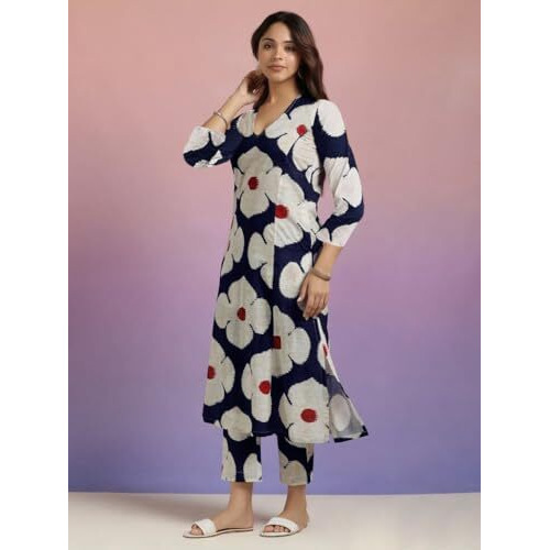 ANNI DESIGNER Women's Cotton Blend Straight Printed Kurta with Pant (Chunilal Blue_S_Blue_Small)