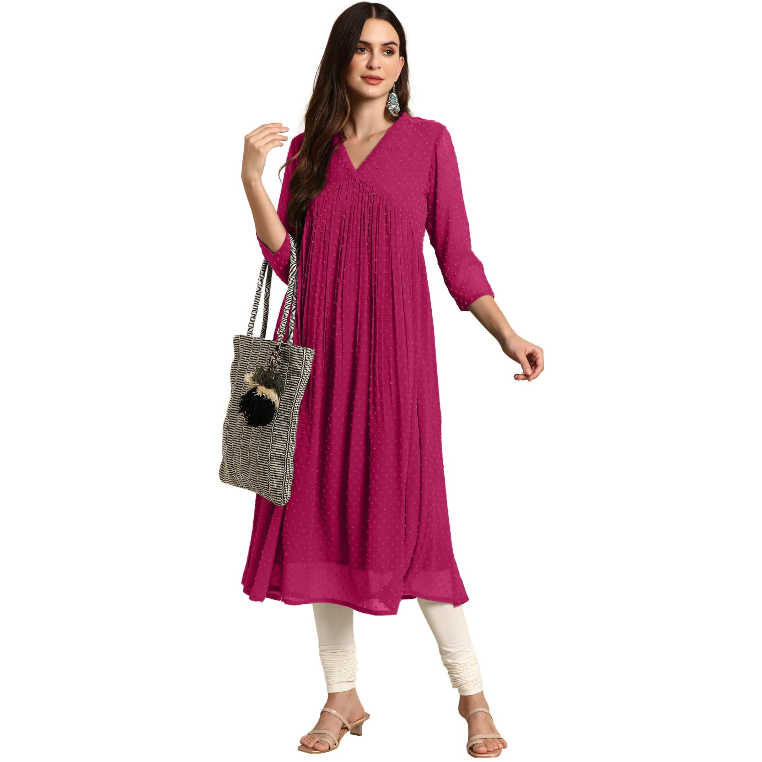 Janasya Women's Pink Dobby Chiffon Woven Design Flared Kurta (JAC24KR01579-L)
