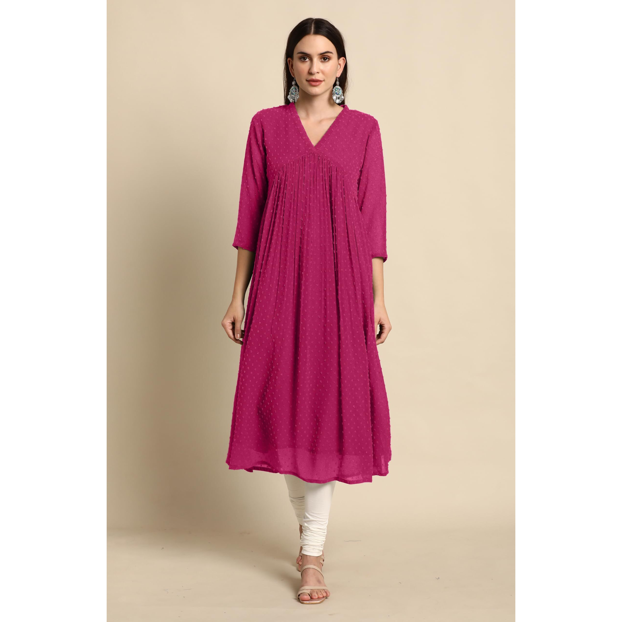 Janasya Women's Pink Dobby Chiffon Woven Design Flared Kurta (JAC24KR01579-L)