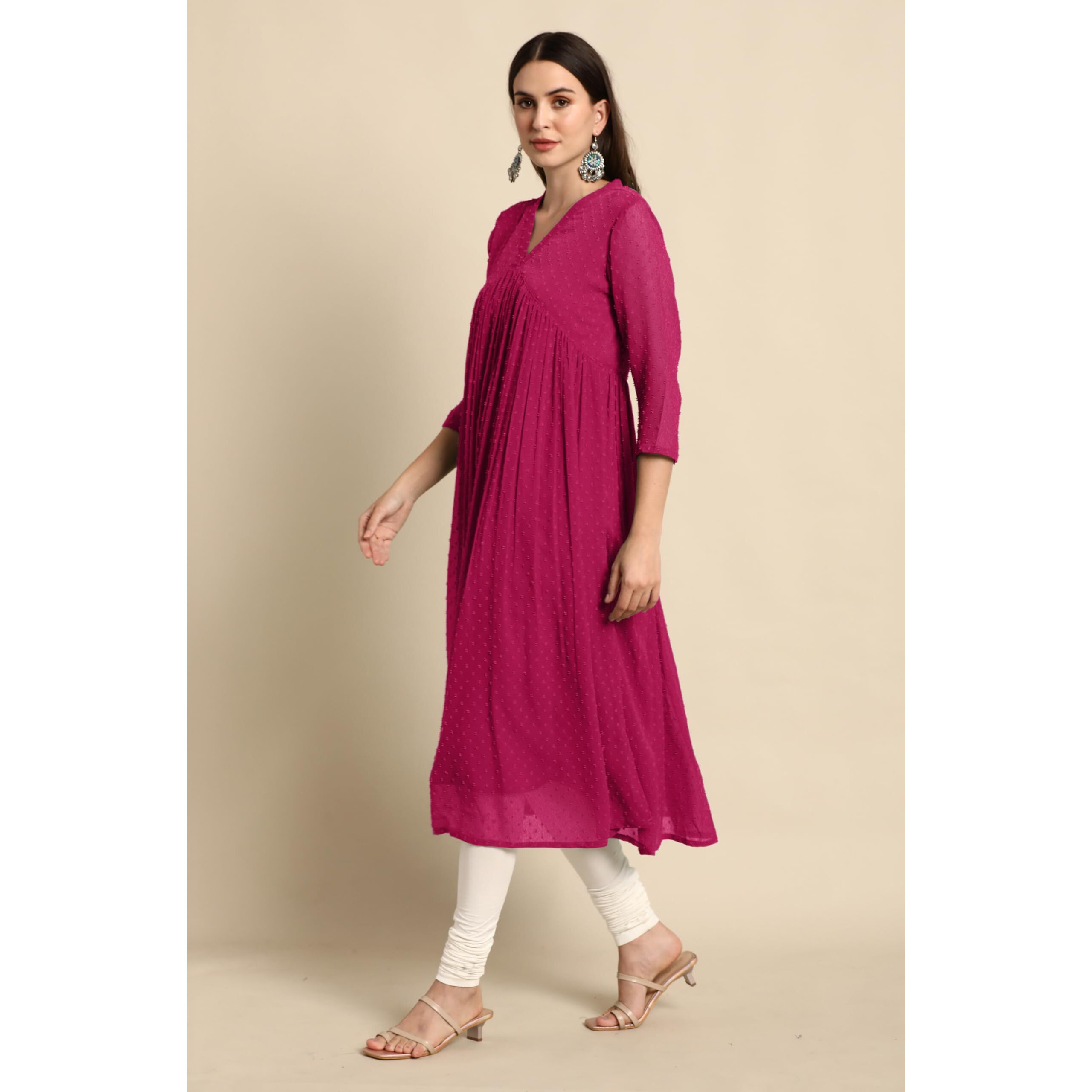 Janasya Women's Pink Dobby Chiffon Woven Design Flared Kurta (JAC24KR01579-L)
