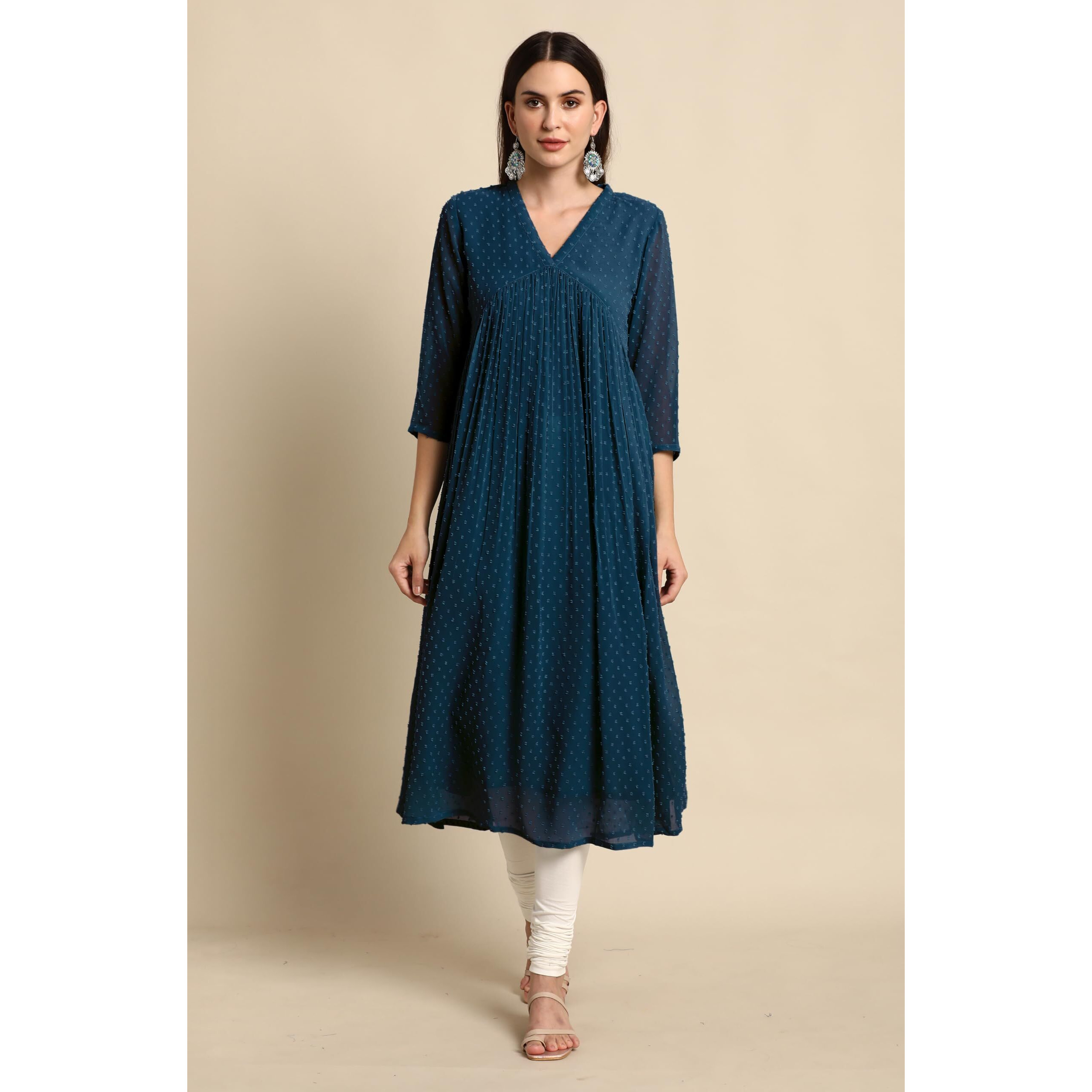 Janasya Women's Teal Blue Dobby Chiffon Self Design Flared Kurta (JAC24KR01574-L)