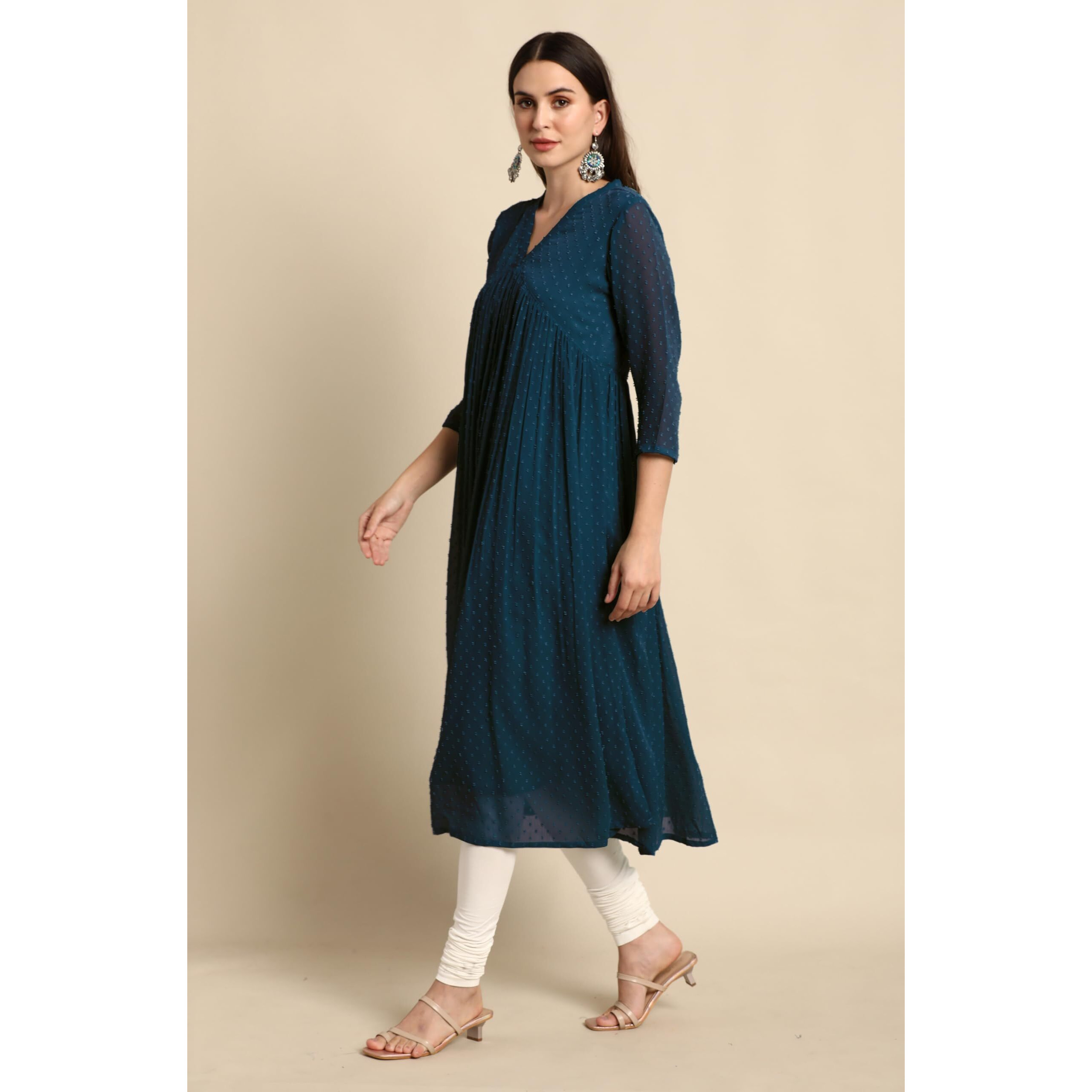 Janasya Women's Teal Blue Dobby Chiffon Self Design Flared Kurta (JAC24KR01574-L)