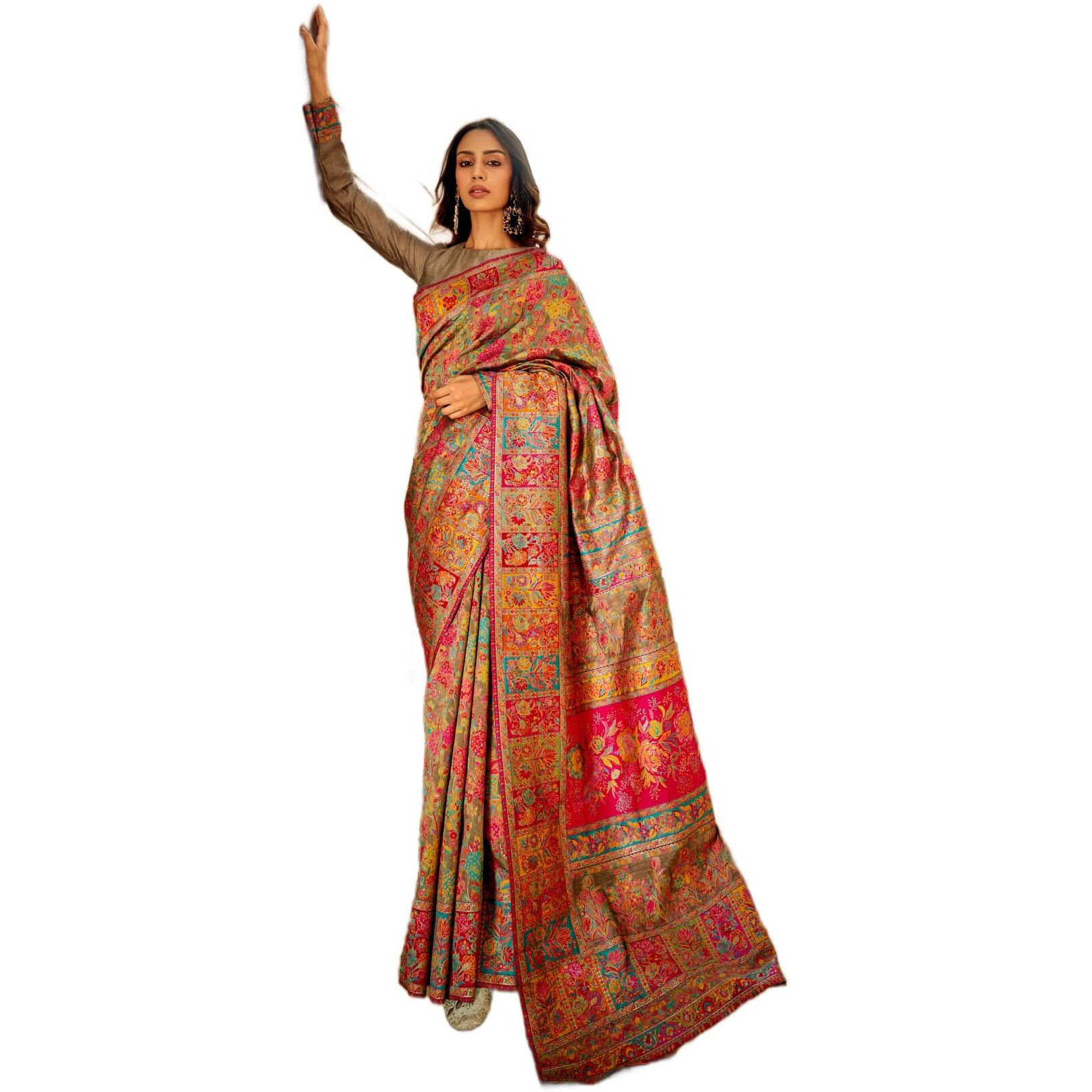 MADHUHANSH Womens Kasamiri Cotton Patola Letest Designer Saree with Unstitched Blouse With Boluse Piece (GREY)