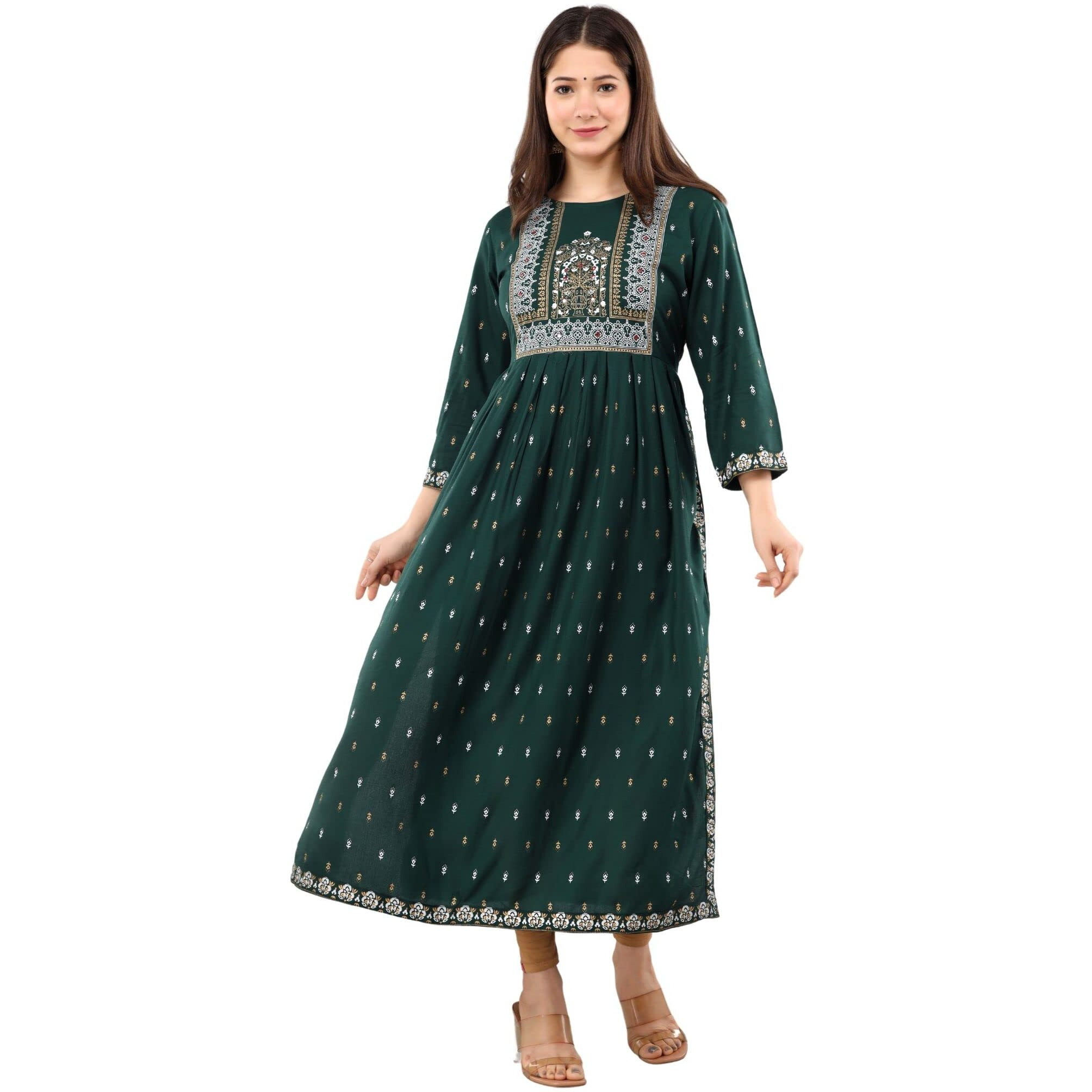 rytras Women's Rayon Printed Flared Kurti(Green,S)