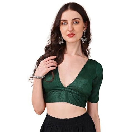 Womanista Silk Women's Dupion Solid Short Sleeve Regular Fit V Neck Blouse (BL_67_Green XL)