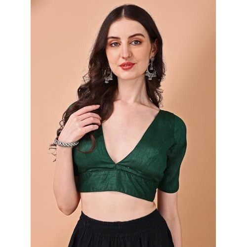 Womanista Silk Women's Dupion Solid Short Sleeve Regular Fit V Neck Blouse (BL_67_Green XL)