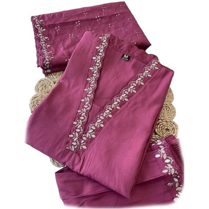 Xomantic Fashion Womens's Pink Color Cotton Embroidered Readymade Kurta Pant set With Dupatta (Large, Pink)