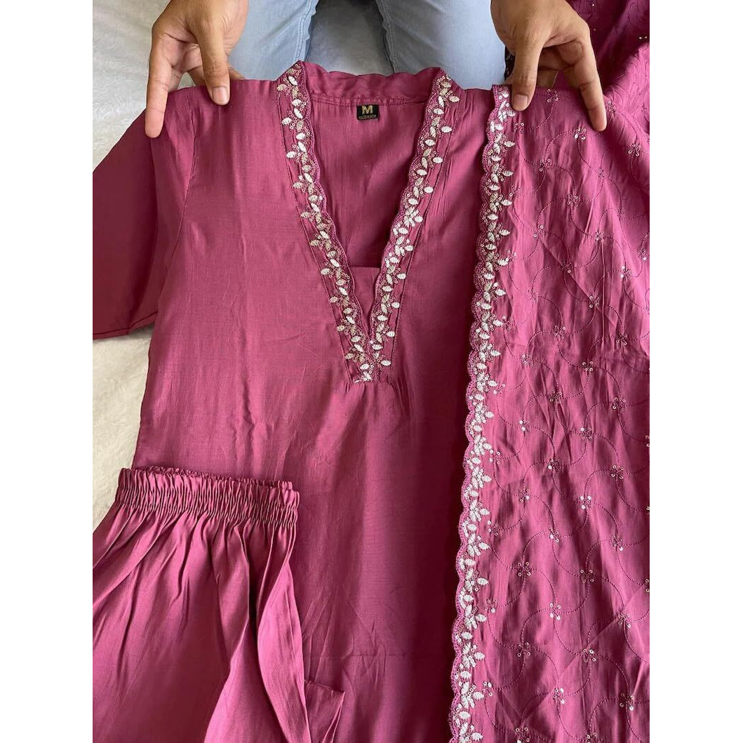Xomantic Fashion Womens's Pink Color Cotton Embroidered Readymade Kurta Pant set With Dupatta (Large, Pink)
