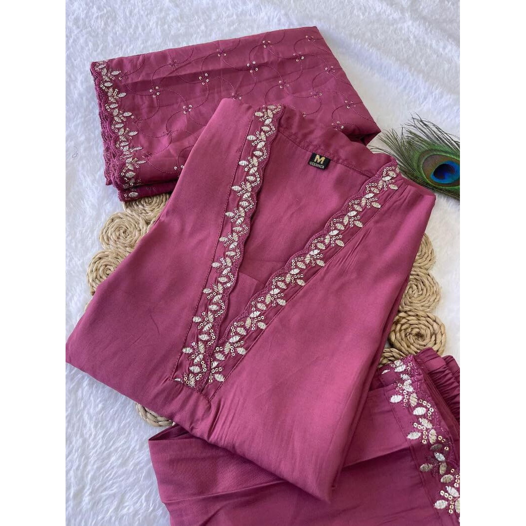 Xomantic Fashion Womens's Pink Color Cotton Embroidered Readymade Kurta Pant set With Dupatta (Large, Pink)