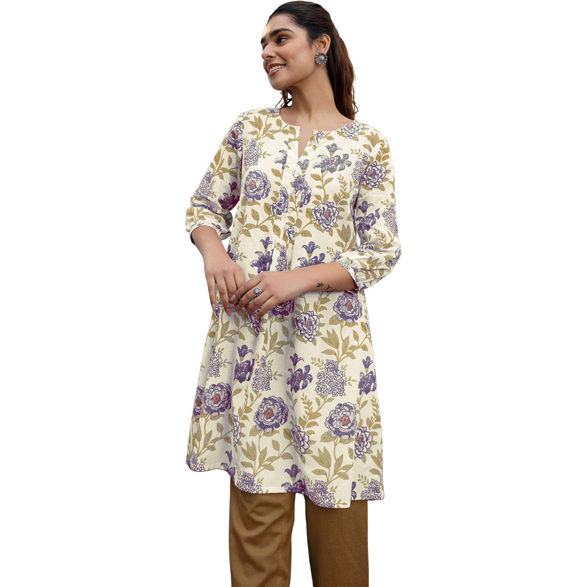 Janasya Women's Off White Pure Cotton Floral Printed A-Line Tunic (JAC24TU01380-3XL)